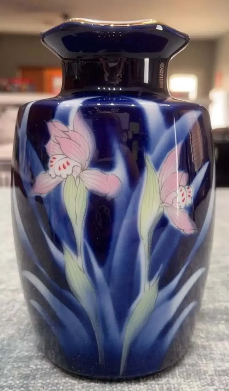 Pier One Japanese Cobalt Blue Porcelain Floral Vase 6 Inch